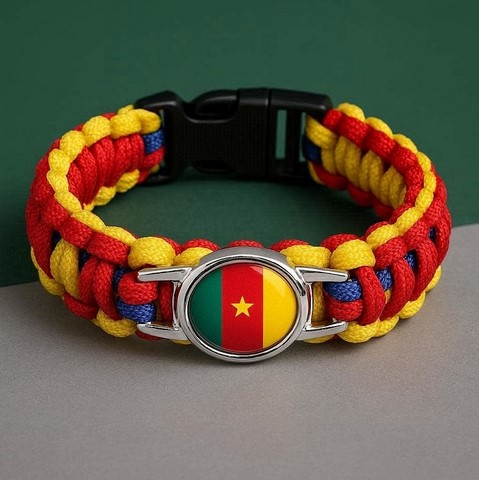Bracelet corde et plaque acier drapeau Cameroun