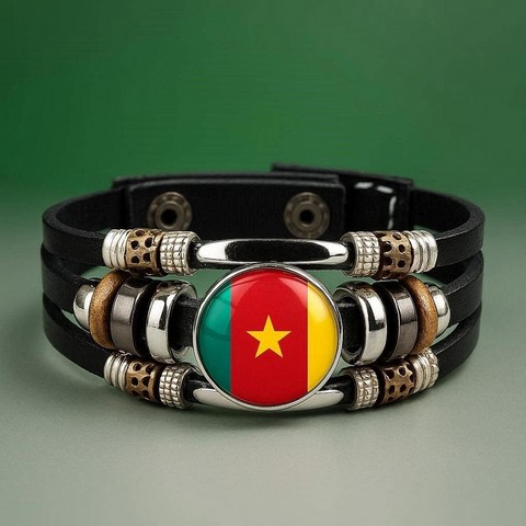 Bracelet cuir drapeau Afrique du Sud,  flag steel plate bracelet,Drapeau national, Cameroun, Supporters, Fans, Football, 