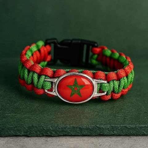 Bracelet Corde Plaque Acier drapeau Maroc, supporters ,Drapeau, fans supporters, Maroc,