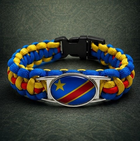 Bracelet Corde Plaque Acier drapeau RD Congo