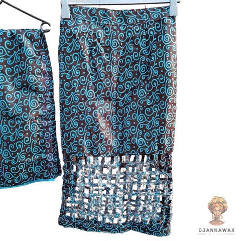 Ensemble jupe, haut et foulard en tissu pagne wax Africain, Cameroun, Djankawax.