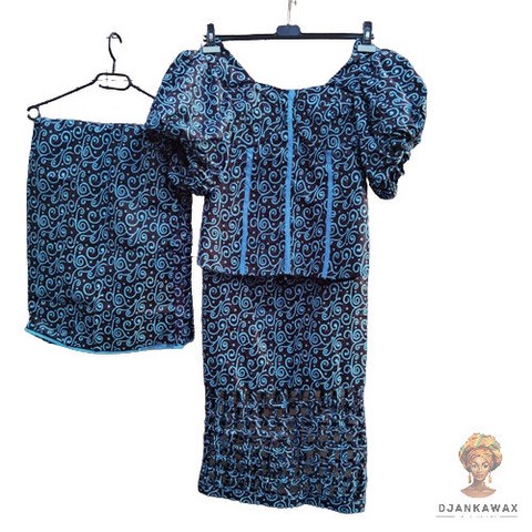 Ensemble jupe, haut et foulard en tissu pagne wax Africain, Cameroun, Djankawax.