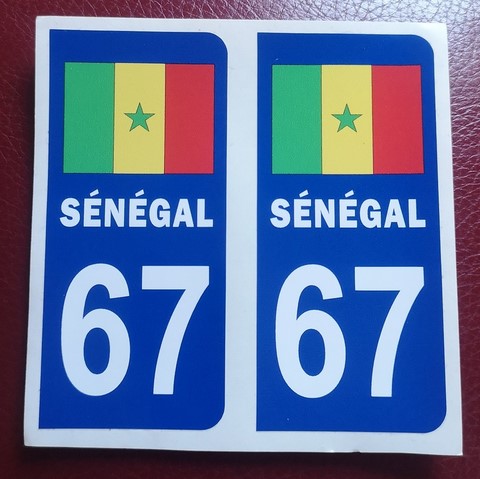 2 Stickers Adhésif Plaque Immatriculation 67 drapeau Sénégal,