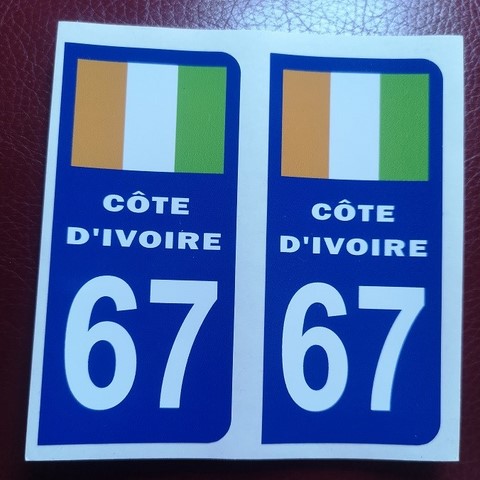 2 Stickers Adhésif Plaque Immatriculation 67 drapeau Cote d'ivoire,