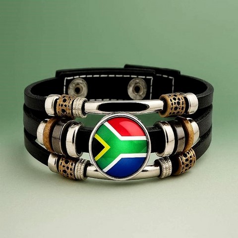 Bracelet cuir drapeau Afrique du Sud,  flag steel plate bracelet,Drapeau national, Cameroun, Supporters, Fans, Football, 